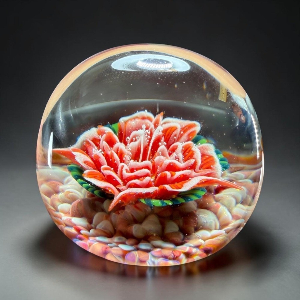 Vintage Hand Blown Art Glass Paperweight Red Flower Dome Artisan Glassware VTG